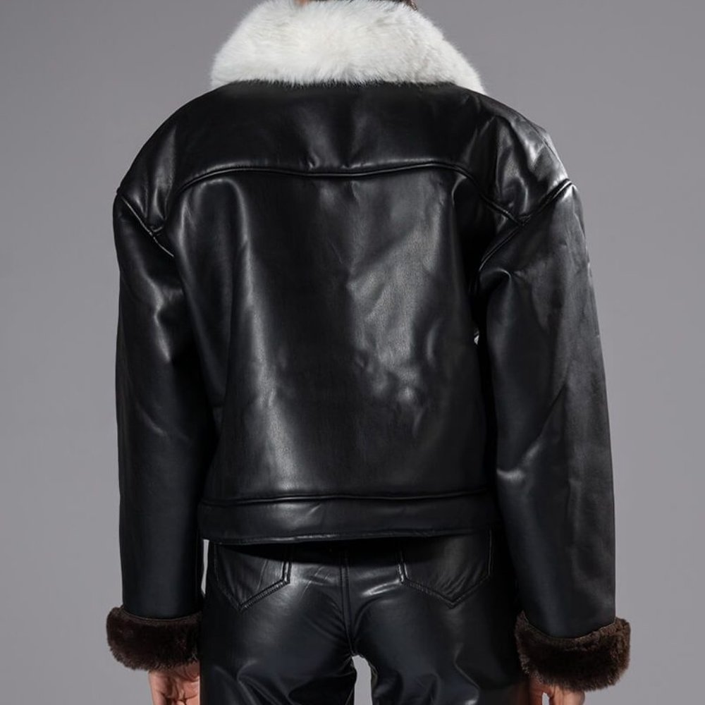 Miz Box Me Out Black Vegan Oversized Button-Up Coat w/ Fur Collar & Wrists L XL - Picture 8 of 9